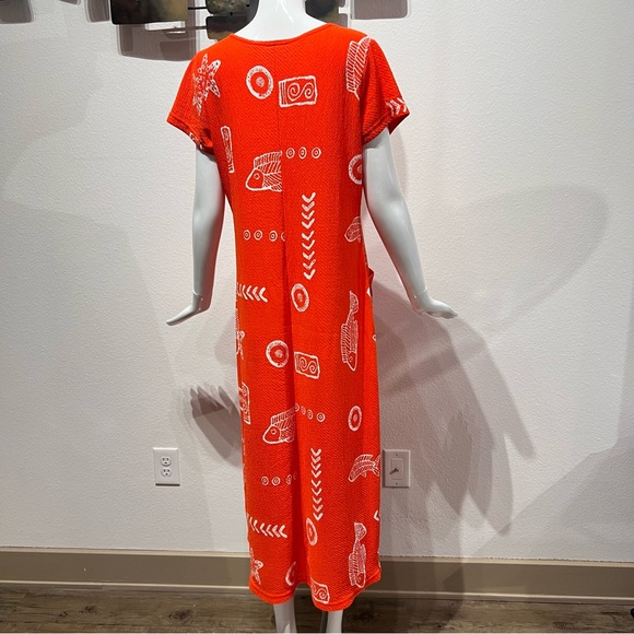 MAXIMA Orange Fish Print Long Beach Summer Shift Dress Cotton Cover up w Pockets - Picture 6 of 10